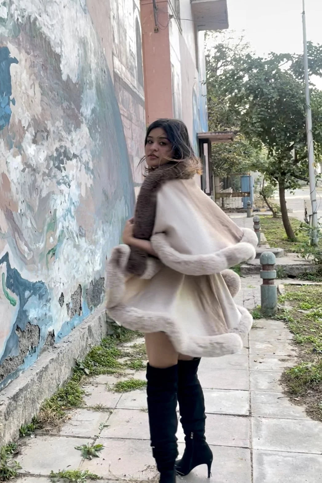 Furry Faux Double Fur Cape